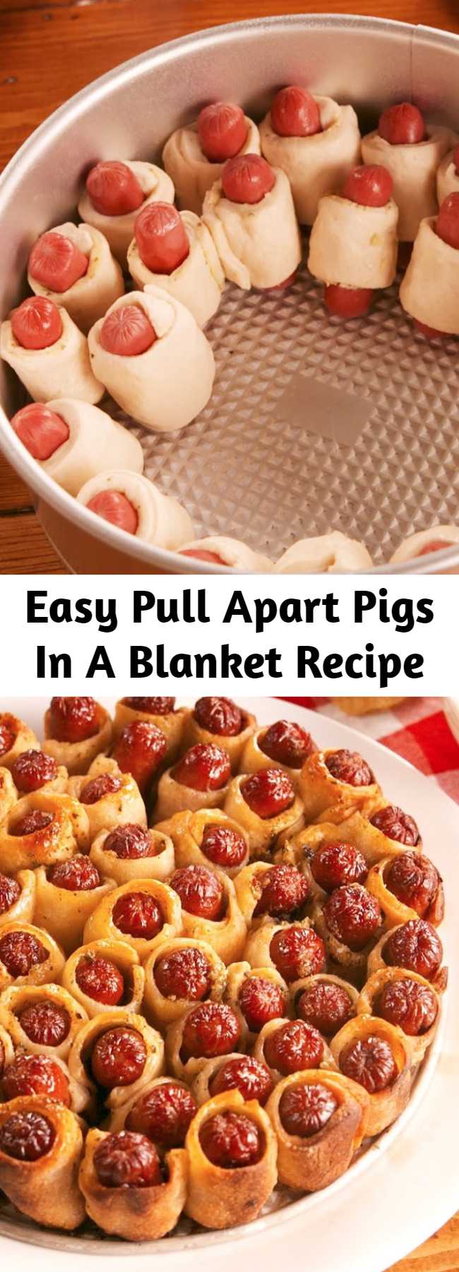 Easy Pull Apart Pigs In A Blanket Recipe - Pull Apart Pigs In A Blanket use the most GENIUS cake pan hack and make the traditional game-day snack so much better! These are positively irresistible. #recipe #easy #easyrecipes #appetizer #party #partyfood #partyideas #appetizers #hotdogs #hacks #lifehacks #baking #bakinghacks