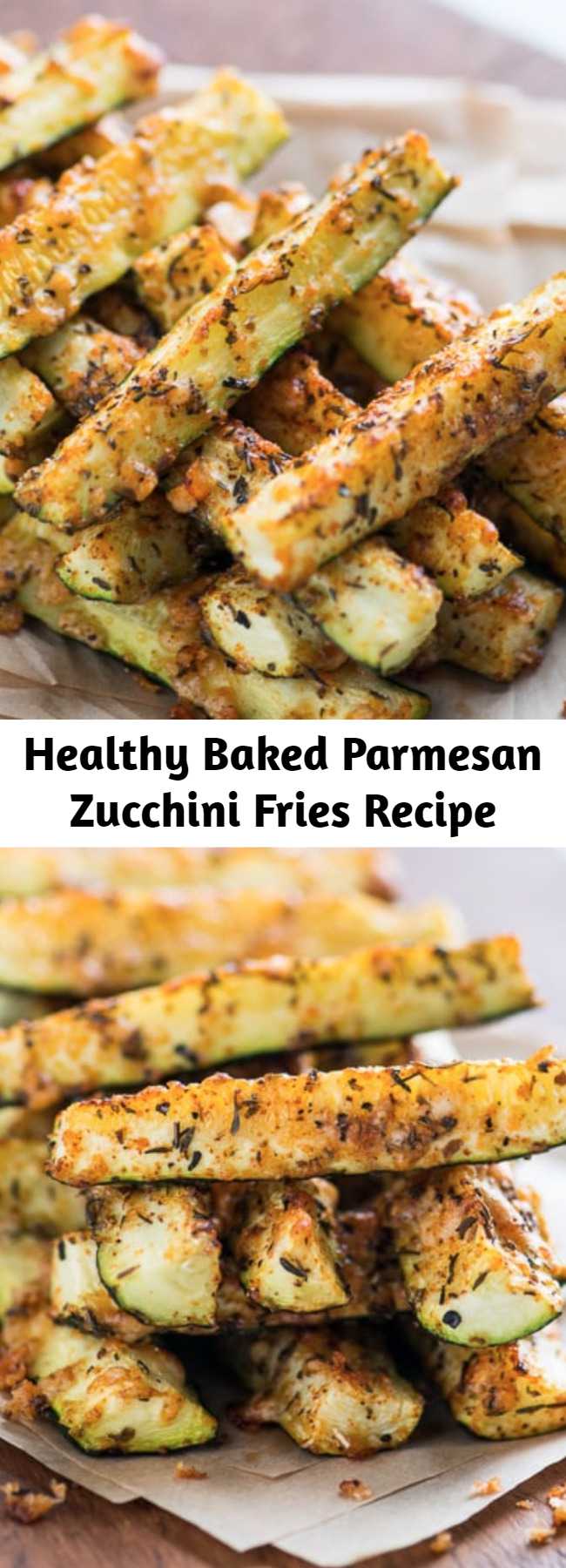 Healthy Baked Parmesan Zucchini Fries Recipe - These are so good, not "crispy" because they're healthy but still tasty. There's no bread crumbs so they're a little healthier than most zucchini fries recipes and less crispy. If you want them crispy and not keto, add bread crumbs to the coating, then spray the outside before baking.