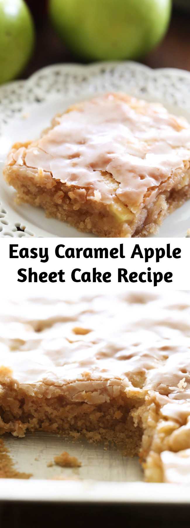 Easy Caramel Apple Sheet Cake Recipe - This delicious apple cake is perfectly moist and has caramel frosting infused in each and every bite! It is heavenly!