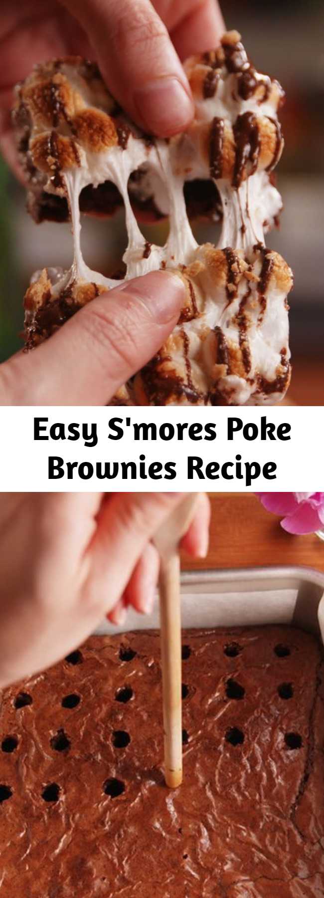 Easy S'mores Poke Brownies Recipe - Just when we thought we had seen every type of s'more possible this one blew us away. Brownies get poked AND topped with marshmallows and then drizzled with chocolate. We are in love.
