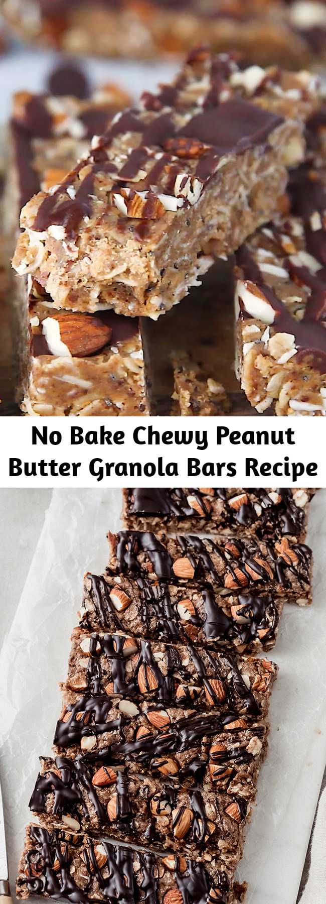 No Bake Chewy Peanut Butter Granola Bars Recipe - No bake peanut butter granola bars packed with wholesome ingredients like chia seeds, flax, almonds, and dark chocolate. These chewy granola bars will be your new favorite grab-and-go snack! #granolabars #nobake #snackrecipe #snackideas #healthysnack #peanutbutter