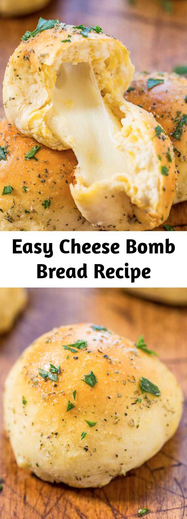 Easy Cheese Bomb Bread Recipe - Soft, buttery bread brushed with garlic butter and stuffed with CHEESE! So good, mindlessly easy, goofproof, and ready in 10 minutes! A hit with everyone!!