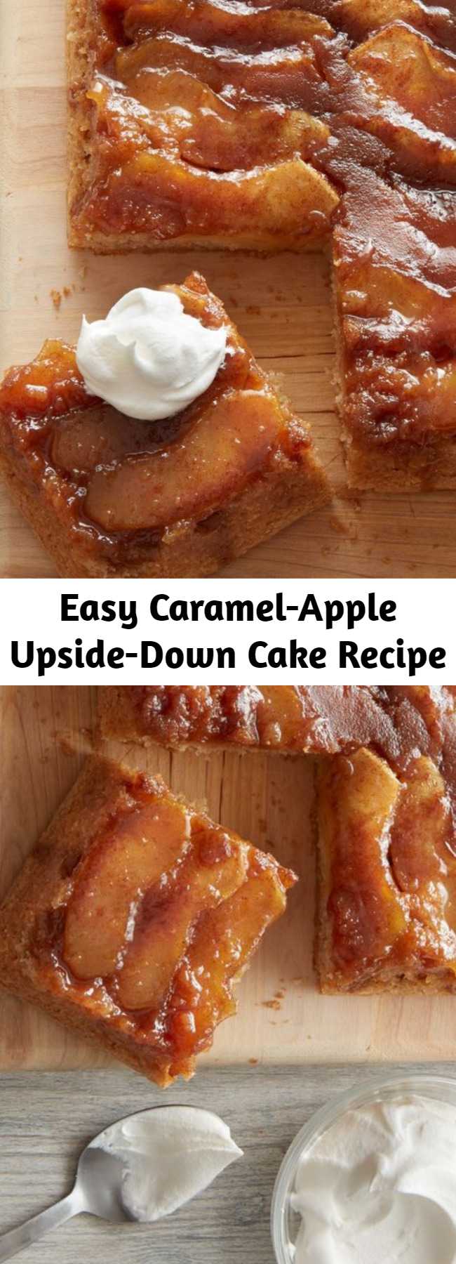 Easy Caramel-Apple Upside-Down Cake Recipe - The best part about the classic pineapple upside-down cake is its gooey fruit topping, and this fresh take on the beloved dessert is no exception. We replaced canned pineapple with fresh apple slices whose tart flavor is the perfect balance to a sticky-sweet caramel sauce. We don't like to play favorites, but this topping plus a tender vanilla scratch cake equals an easy modern-day treat that may just outdo the original.