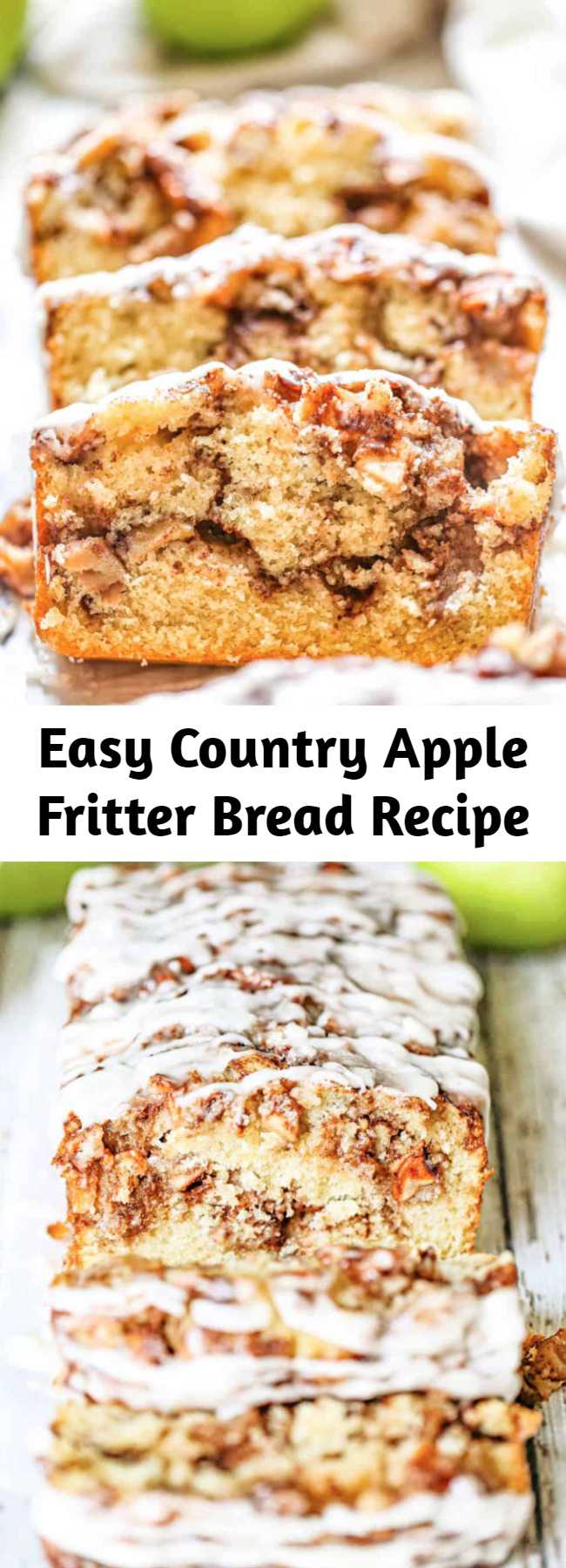 Easy Country Apple Fritter Bread Recipe - Have you ever had an apple fritter transformed into fluffy, buttery, white cake loaf with chunks of juicy apples and layers of brown sugar and cinnamon swirled inside and on top? Drizzle with some old-fashioned creme glaze and devour! It's so moist, and delicious. Give it up my sweet friend!  You cannot resist the temptation of Awesome Country Apple Fritter Bread!!! #apple #bread #quickbread #fritter #baking #fall #holidays