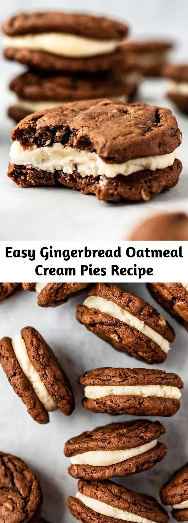 Easy Gingerbread Oatmeal Cream Pies Recipe - Amazing oatmeal cream pies with a gingerbread twist! These perfectly spiced gingerbread oatmeal cookies are sandwiched together with a delicious thick cream filling for the ultimate holiday cookie sandwich. #oatmealcookies #cookies #cookierecipe #baking