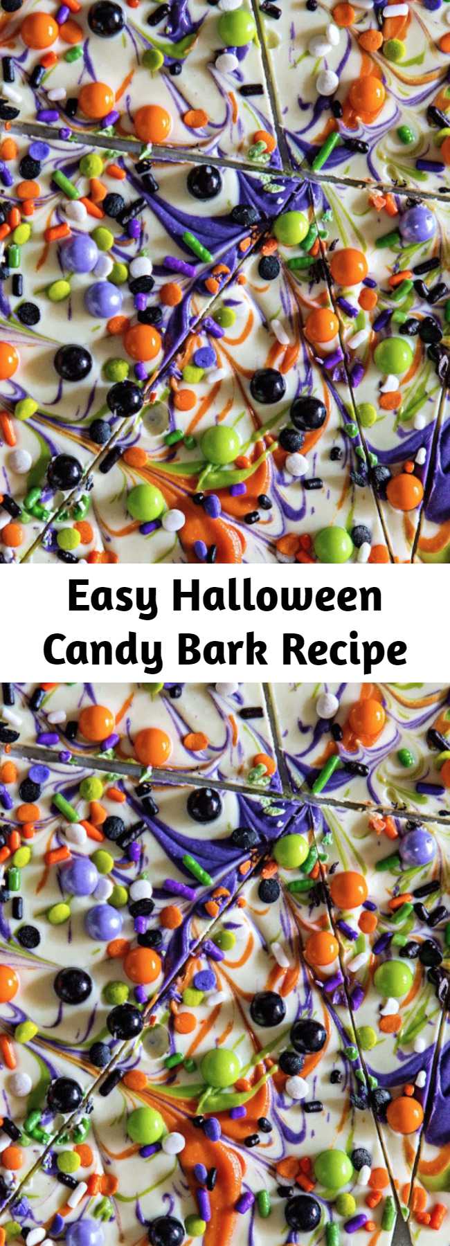 Easy Halloween Candy Bark Recipe - This white chocolate bark is probably the most simple from-scratch Halloween treat you can make.