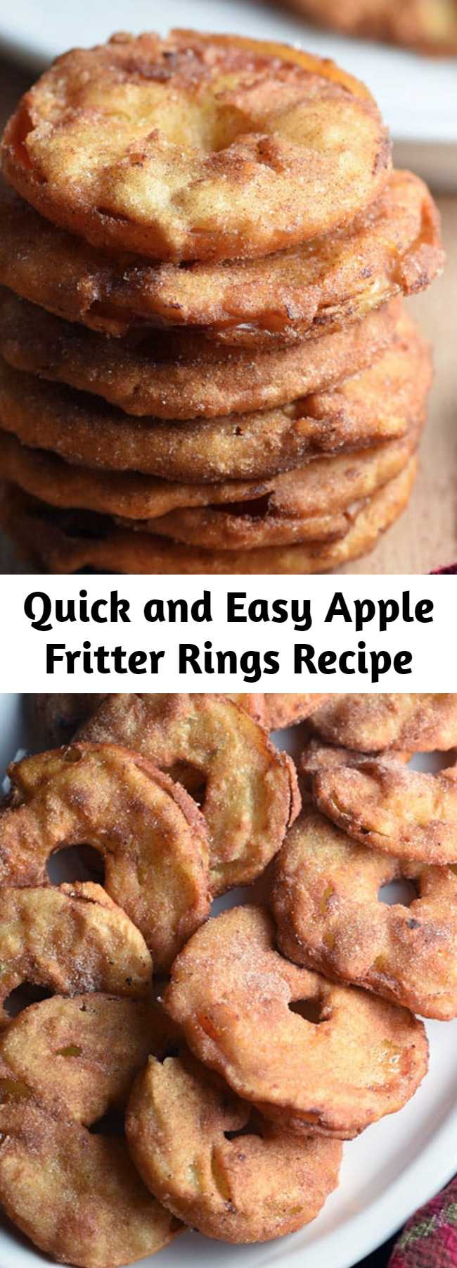 Quick and Easy Apple Fritter Rings Recipe - These Apple Fritter Rings are a fun spin on the popular donut shop Apple Fritter. Like a sweet apple version of an onion ring! #applefritters #applefritterrings #applefritterringsrecipe #appleringsfried