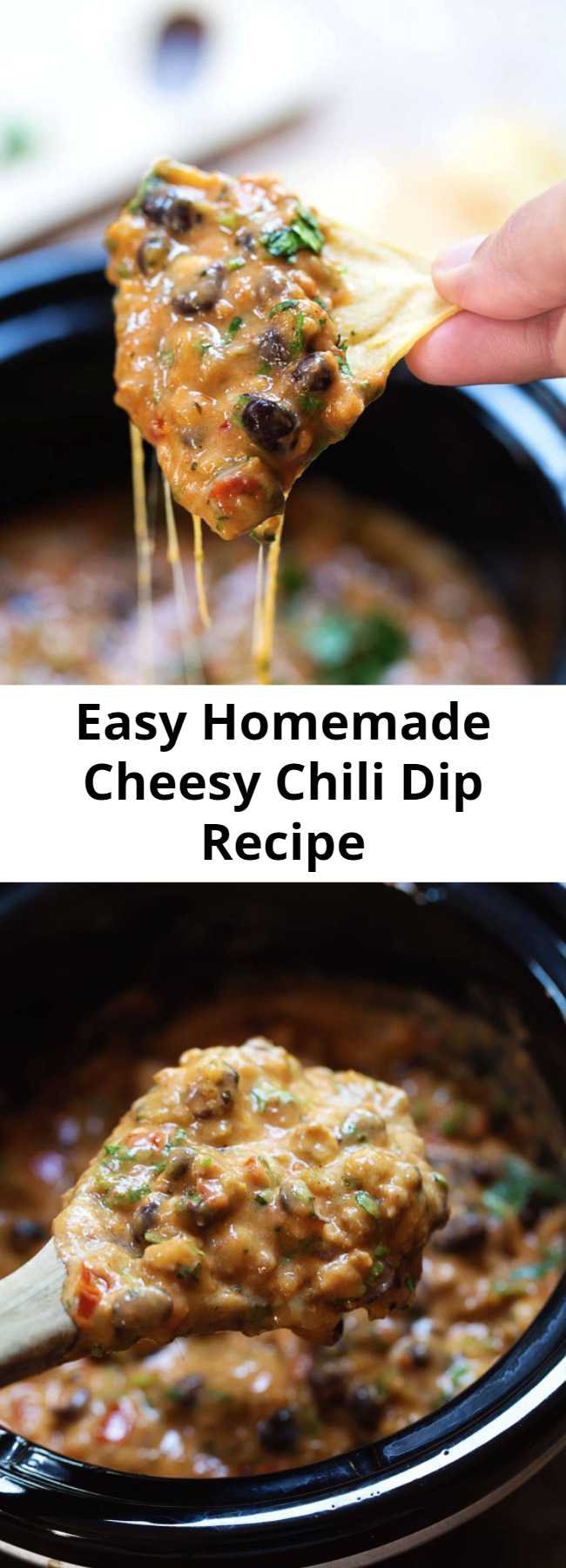 Easy Homemade Cheesy Chili Dip Recipe - This Homemade Cheesy Chili Dip is made without the processed cheese! Just homemade spicy chili and creamy cheese sauce. Deeeelish!