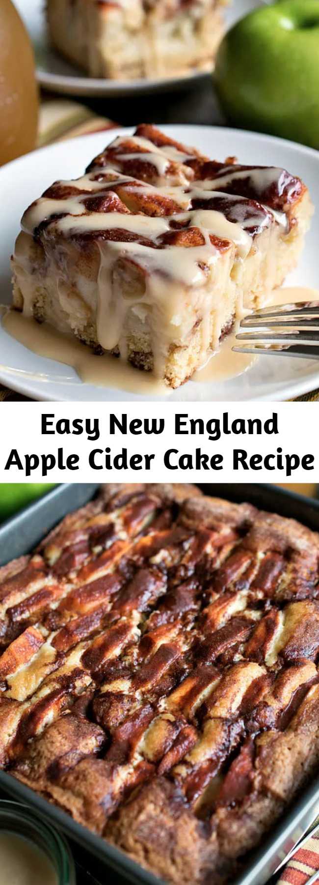 Easy New England Apple Cider Cake Recipe - Very delicious... chock full of sliced Granny Smith apples in a simple, sweet cake that gets great flavor and moisture from cinnamon, heavy cream and apple cider! This cake also has a delicious, creamy apple cider glaze that gets drizzled over the top when served!