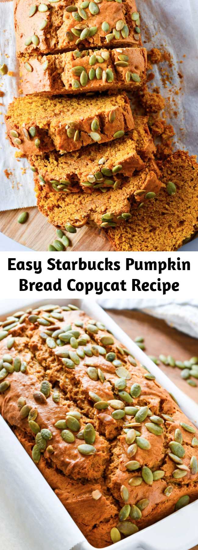 Easy Starbucks Pumpkin Bread Copycat Recipe - Thick moist slices of pumpkin bread that perfectly mimic everyone's favorite loaf at Starbucks. You'll love this homemade copycat recipe even more than the real thing!