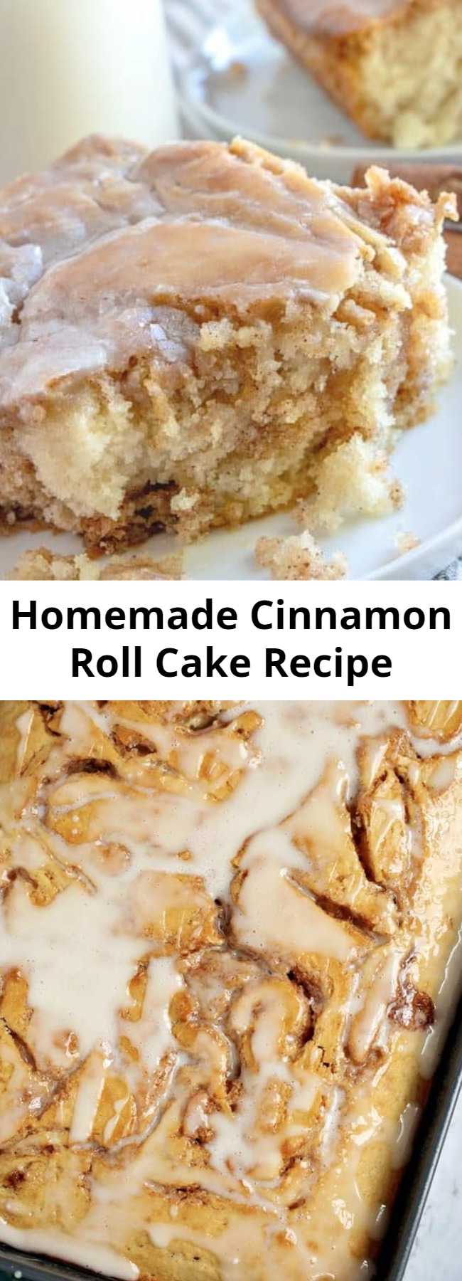 Homemade Cinnamon Roll Cake Recipe - This Homemade Cinnamon Roll Cake dessert has all the flavor of a cinnamon roll but in an easy cake with a vanilla icing drizzled on top! #homemadecakes #cinnamonrolls