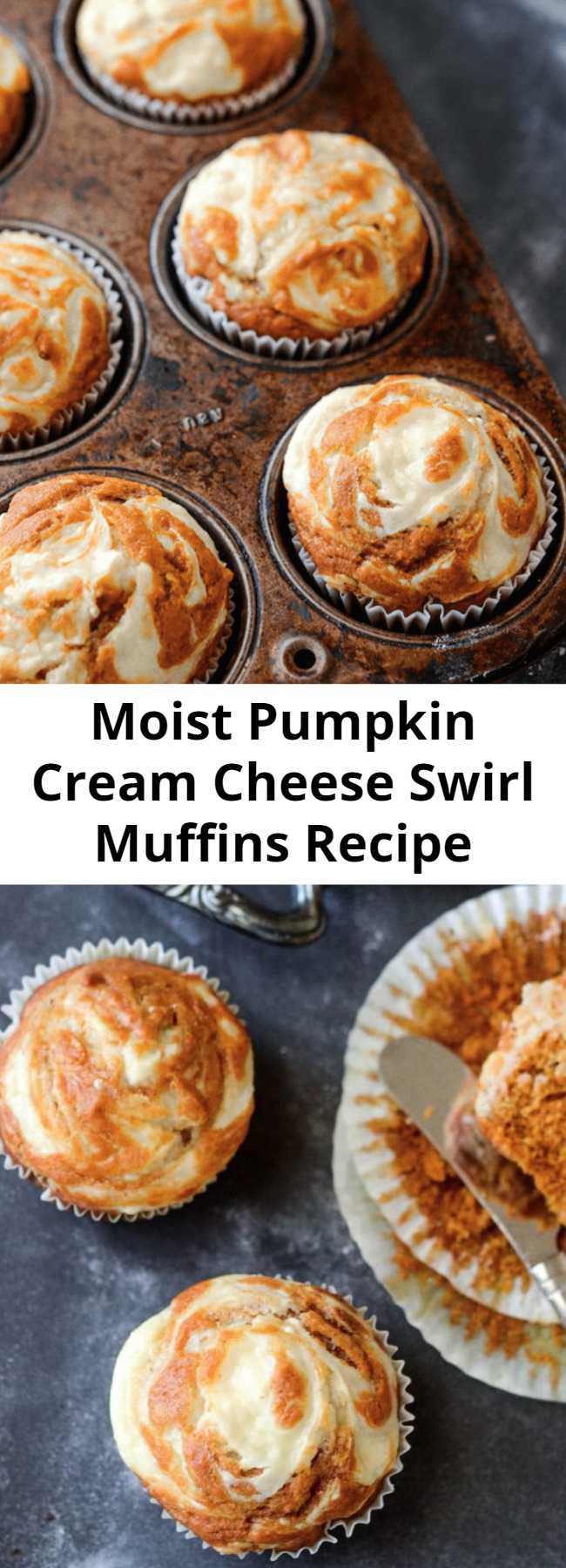 Moist Pumpkin Cream Cheese Swirl Muffins Recipe - Moist spiced pumpkin muffins are topped with sweet cream cheese that melts into them as they bake and only take 30 minutes!