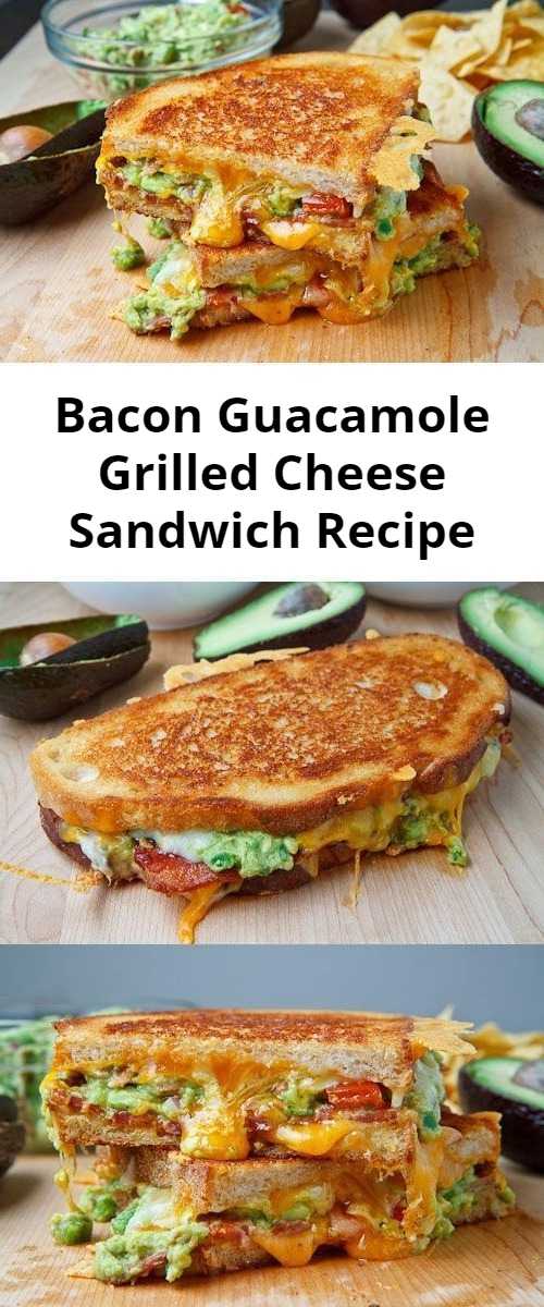 Bacon Guacamole Grilled Cheese Sandwich Recipe - A buttery and toasty grilled cheese sandwich stuffed with cool and creamy guacamole, crispy bacon and melted jack and cheddar cheese. The crunchy crumbled tortilla chips in this grilled cheese pay tribute to the classic combination of tortilla chips and guacamole dip.