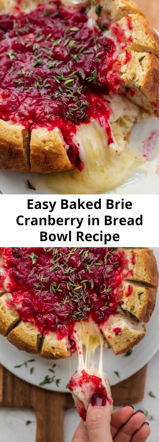 Easy Baked Brie Cranberry in Bread Bowl Recipe - For your Thanksgiving, Christmas and any holiday parties, try this elegant easy 3 ingredient baked brie cranberry, served in a pull-apart bread bowl for dipping! This crowd pleasing festive appetizer is perfect for entertaining and so easy to make! #Thanksgiving #Christmas