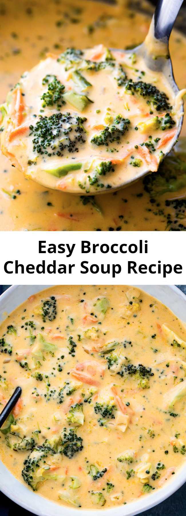 Easy Broccoli Cheddar Soup Recipe - Healthy broccoli cheddar soup packed with carrots, broccoli, garlic, and cheese. This creamy velvety soup is much better than Panera's broccoli cheddar soup and can be made in under 30 minutes for a fraction of the price!