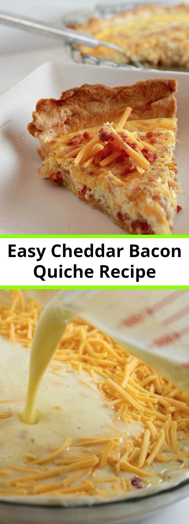 Easy Cheddar Bacon Quiche Recipe - This Cheddar Bacon Quiche recipe comes together quickly. It's very flexible allowing you to use what ever ingredients you have on hand.