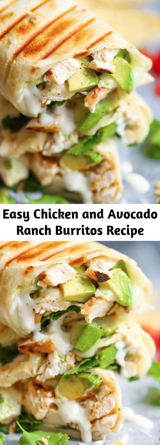Easy Chicken and Avocado Ranch Burritos Recipe - These come together with just 15 min prep! You can also make this ahead of time and bake right before serving. SO EASY!