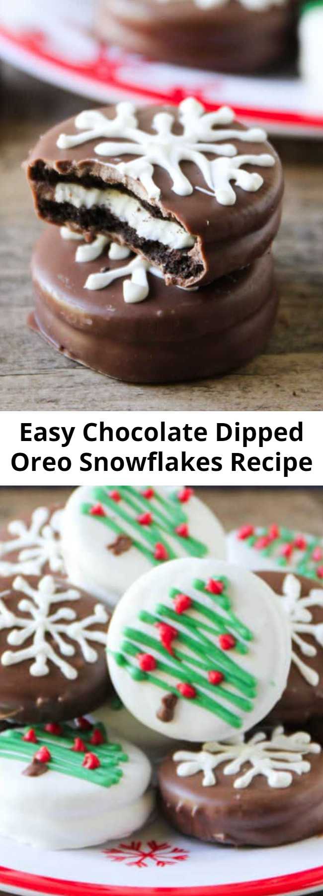 Easy Chocolate Dipped Oreo Snowflakes Recipe - These chocolate dipped Oreo snowflakes are adorable and easy treats the whole family can help make! Only takes 2 ingredients to make.