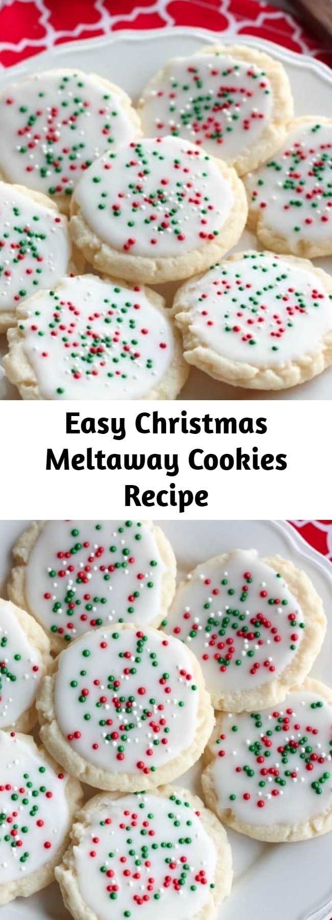 Easy Christmas Meltaway Cookies Recipe - Meltaway cookies are a soft, lightly sweet shortbread cookie that literally melts away in your mouth. Top it with a thin glaze and red and green sprinkles for a festive Christmas cookie treat. #christmascookies #cookieexchange