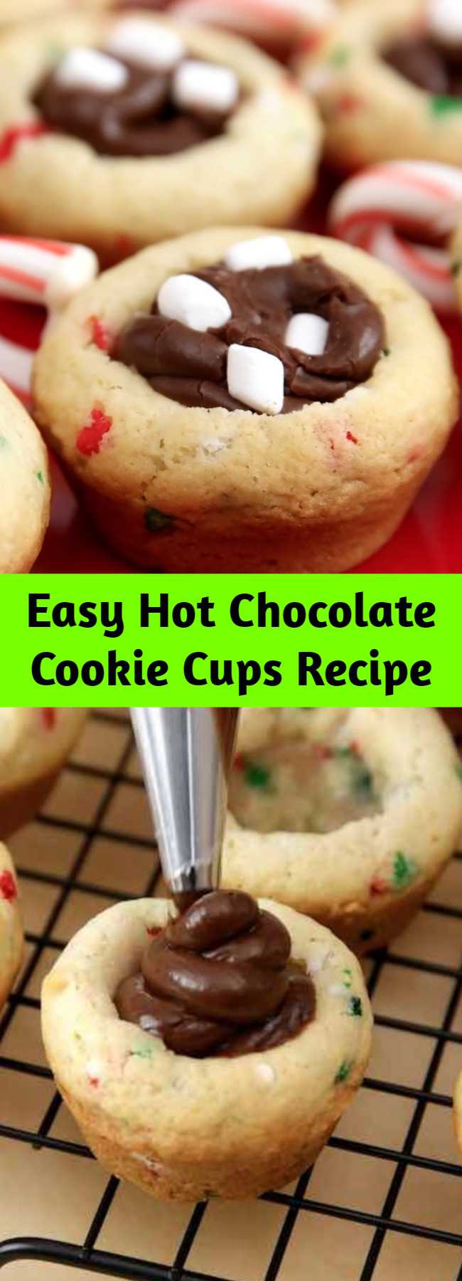 Easy Hot Chocolate Cookie Cups Recipe - Quick and easy dessert recipe that’s so festive and great for Christmas! These Hot Chocolate Cookie Cups are all-time favorite holiday treats combining sugar cookie dough, chocolate fudge and candy cane handles. They’re so festive and perfect for holiday parties and DIY gifts!