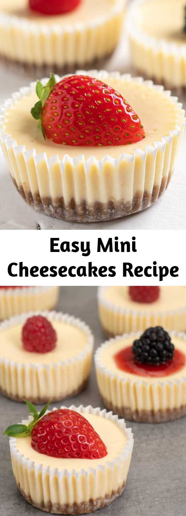 Easy Mini Cheesecakes Recipe - Inspired by Cheesecake Factory, these mini cheesecakes have super creamy texture and taste. They are easy to make and great to take to parties and gatherings. Enjoy them as they are or with your favourite marmalade and berries. Yum!