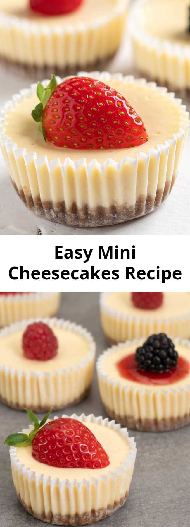 Easy Mini Cheesecakes Recipe - Inspired by Cheesecake Factory, these mini cheesecakes have super creamy texture and taste. They are easy to make and great to take to parties and gatherings. Enjoy them as they are or with your favourite marmalade and berries. Yum!