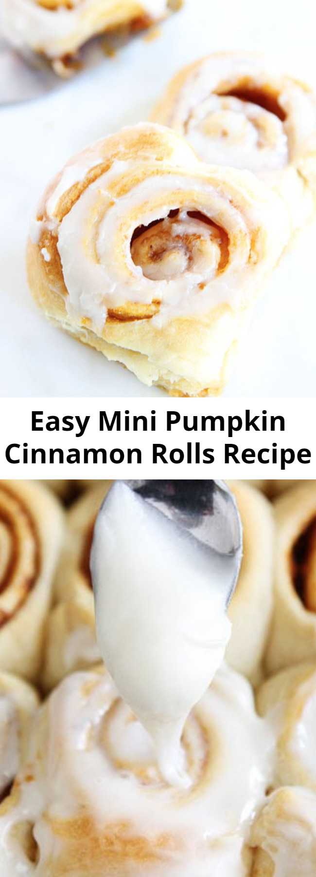 Easy Mini Pumpkin Cinnamon Rolls Recipe - Mini cinnamon rolls made with pumpkin butter and cream cheese frosting! The best part? They take less than 30 minutes to make!