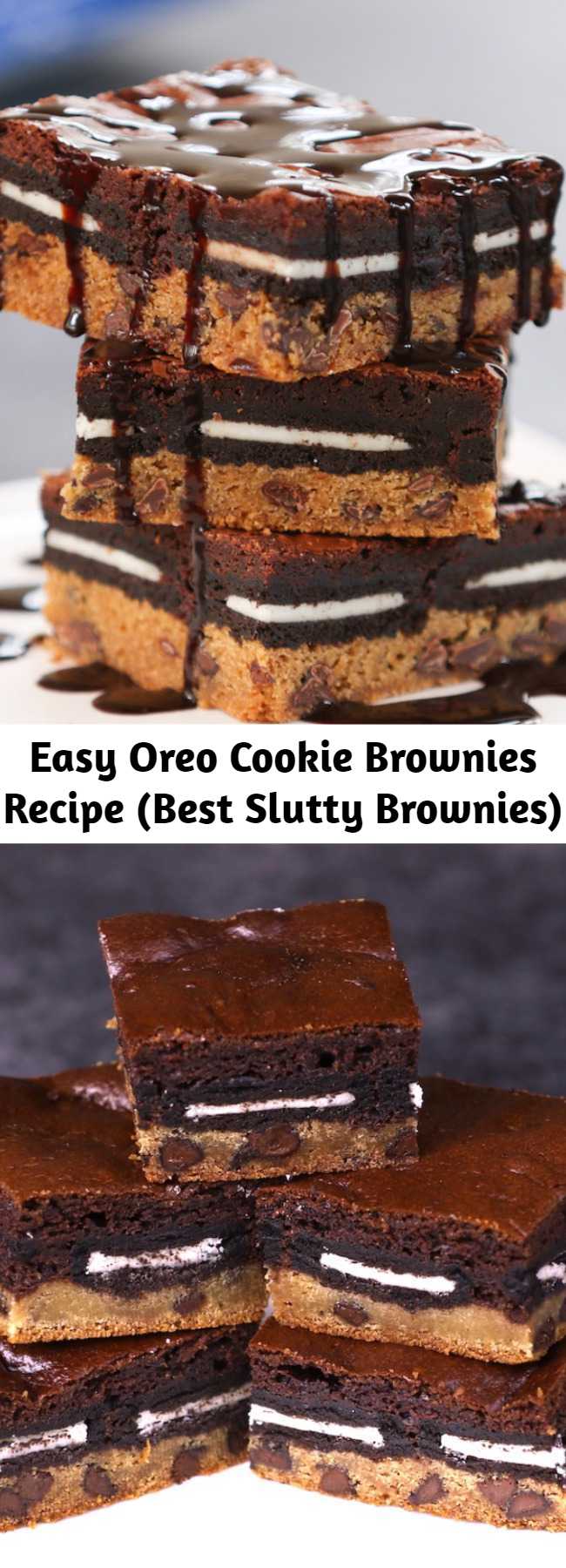 Easy Oreo Cookie Brownies Recipe (Best Slutty Brownies) - These Slutty Brownies melt in your mouth with rich layers of cookie dough, Oreo cookies and brownies. This slutty brownie recipe is easy to make whenever you want an extra-decadent treat!