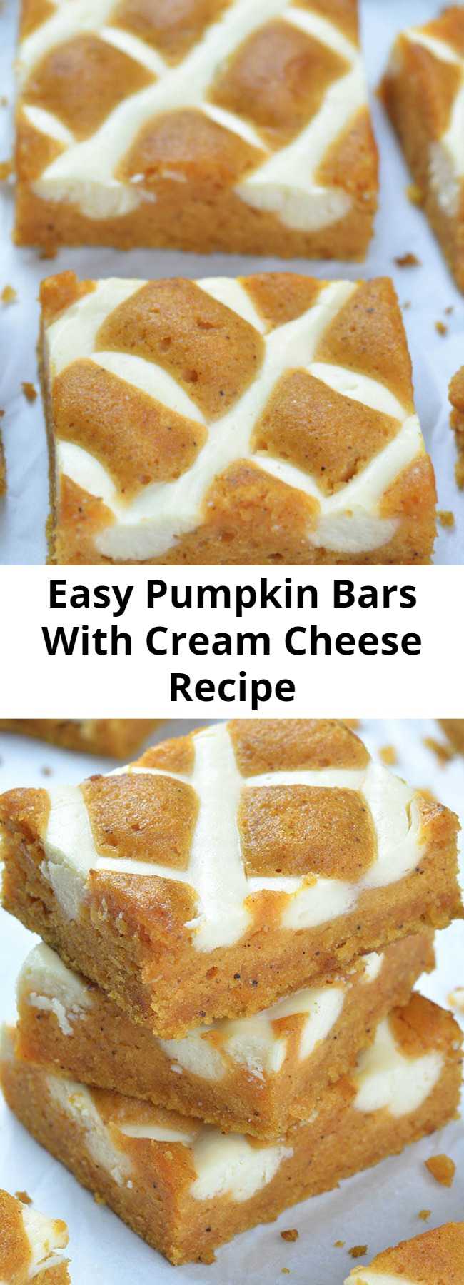 Easy Pumpkin Bars With Cream Cheese Recipe - Pumpkin Bars with Cream Cheese is simple and easy dessert recipe for fall baking season. Moist and spicy pumpkin bars are delicious breakfast or snack. But this crowd-pleasing treat is fancy enough to be served as a dessert at Halloween party or as light and easy dessert after Thanksgiving dinner.