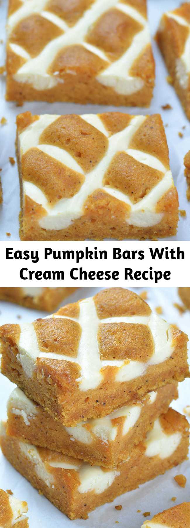 Easy Pumpkin Bars With Cream Cheese Recipe - Pumpkin Bars with Cream Cheese is simple and easy dessert recipe for fall baking season. Moist and spicy pumpkin bars are delicious breakfast or snack. But this crowd-pleasing treat is fancy enough to be served as a dessert at Halloween party or as light and easy dessert after Thanksgiving dinner.