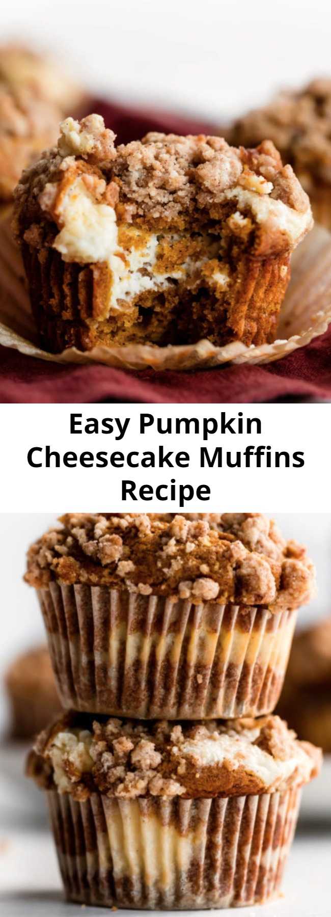 Easy Pumpkin Cheesecake Muffins Recipe - Like a delicious pumpkin roll, these pumpkin cheesecake muffins combine perfectly spiced pumpkin muffins with cream cheese filling. Top the muffins with brown sugar crumb cake topping and you have an absolutely irresistible pumpkin spice breakfast treat.