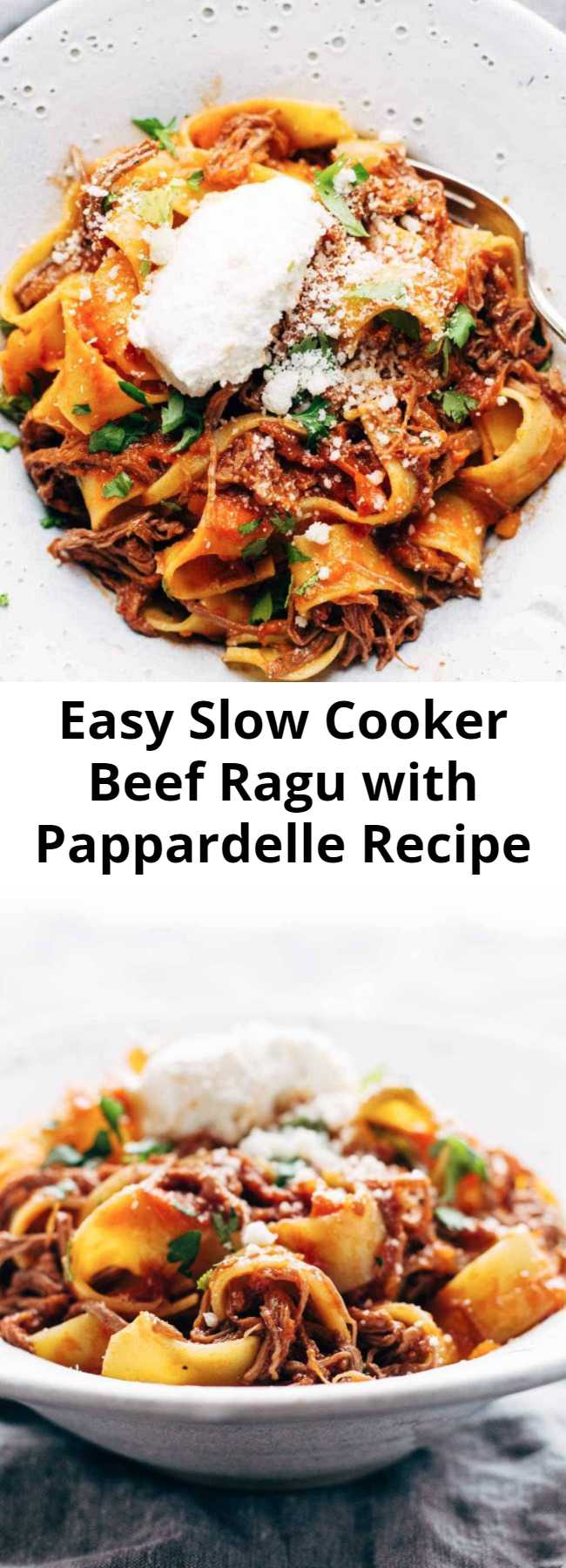 Easy Slow Cooker Beef Ragu with Pappardelle Recipe - Easy comfort food. We’re making this cozy, comforting Beef Ragu with Pappardelle! Steak is braised in the crockpot for hours with garlic, tomatoes, veggies, and herbs, then shredded and piled high on pappardelle with Parm cheese. #pasta #pappardelle #brunch