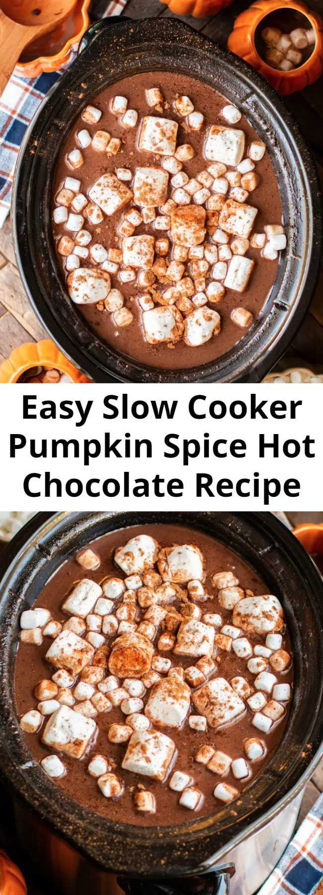 Easy Slow Cooker Pumpkin Spice Hot Chocolate Recipe - Pumpkin Spice Hot Chocolate easily made in the slow cooker! It's a delicious party drink that you and your guests will love.