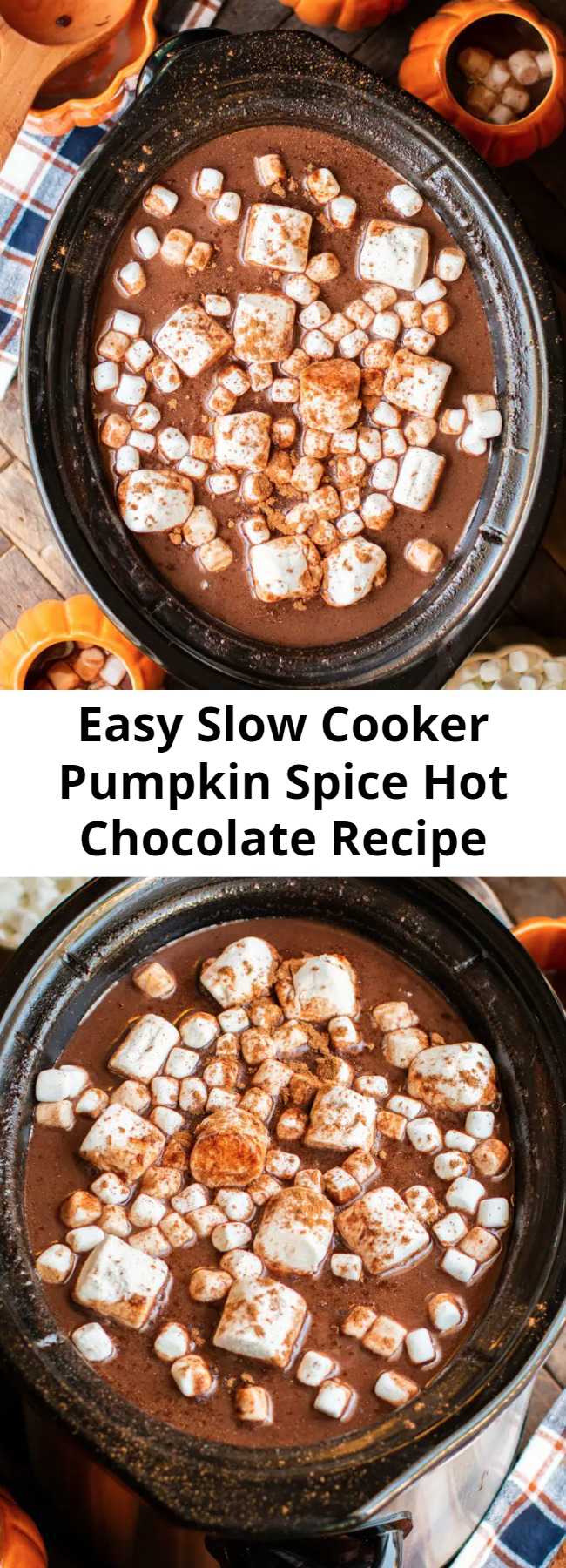 Easy Slow Cooker Pumpkin Spice Hot Chocolate Recipe - Pumpkin Spice Hot Chocolate easily made in the slow cooker! It's a delicious party drink that you and your guests will love.