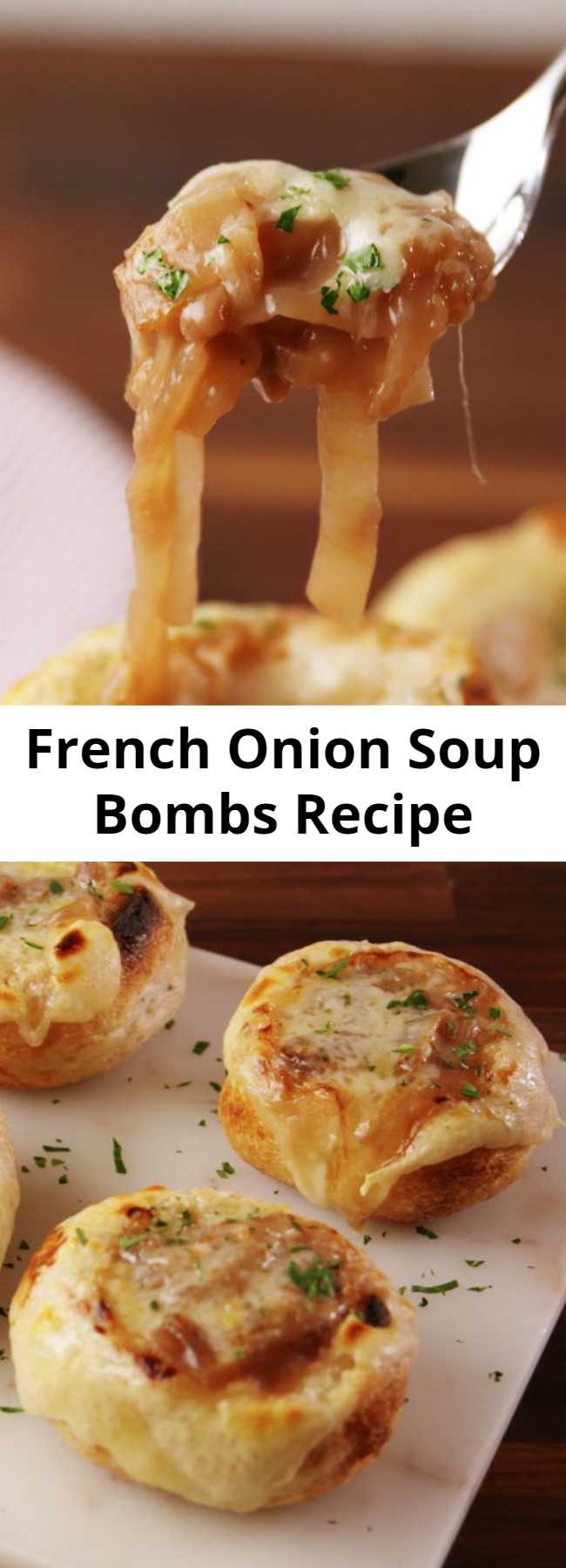 French Onion Soup Bombs Recipe - Mini bread bowls are SO CUTE. #easy #recipe #soup #mini #bites #bombs #frenchonion #onion #winter #appetizer