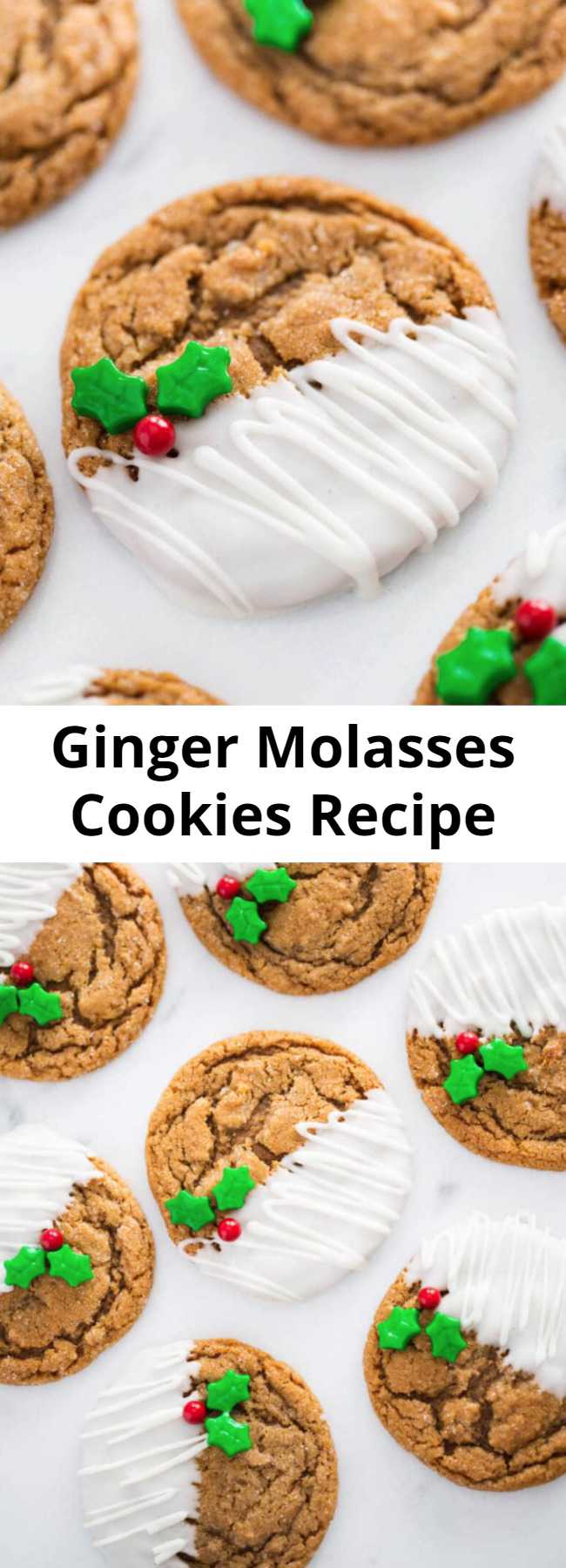 Ginger Molasses Cookies Recipe - Molasses cookies that are soft and chewy on the inside and crisp around the edges. Full of delicious ginger flavor and taste just like Christmas! Drizzle or dip in white chocolate for the ultimate holiday cookie! #cookies #cookierecipes #christmas #christmasrecipes #cookiedecorating #cookieart #recipe
