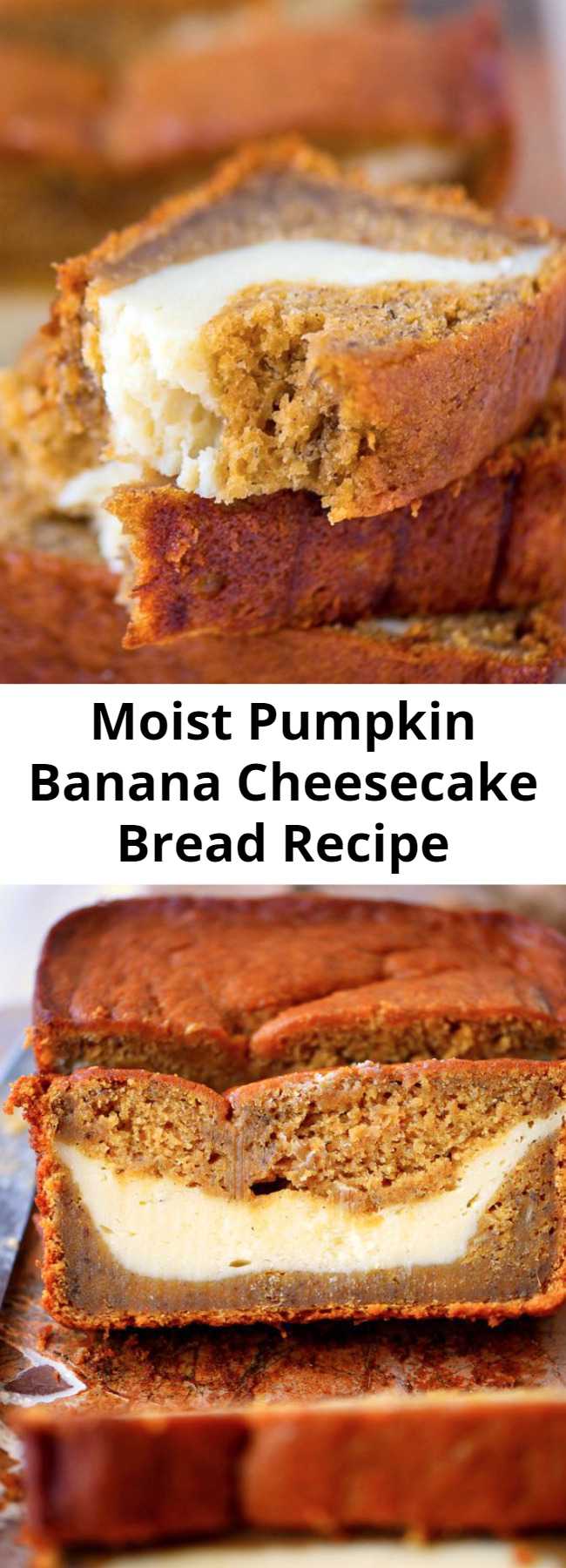 Moist Pumpkin Banana Cheesecake Bread Recipe - This Pumpkin Cheesecake Banana Bread is perfect for dessert but also doubles as an amazing breakfast...or snack...or lunch. It's pretty amazing no matter what time you eat it! Ultra moist and bursting with pumpkin flavor!