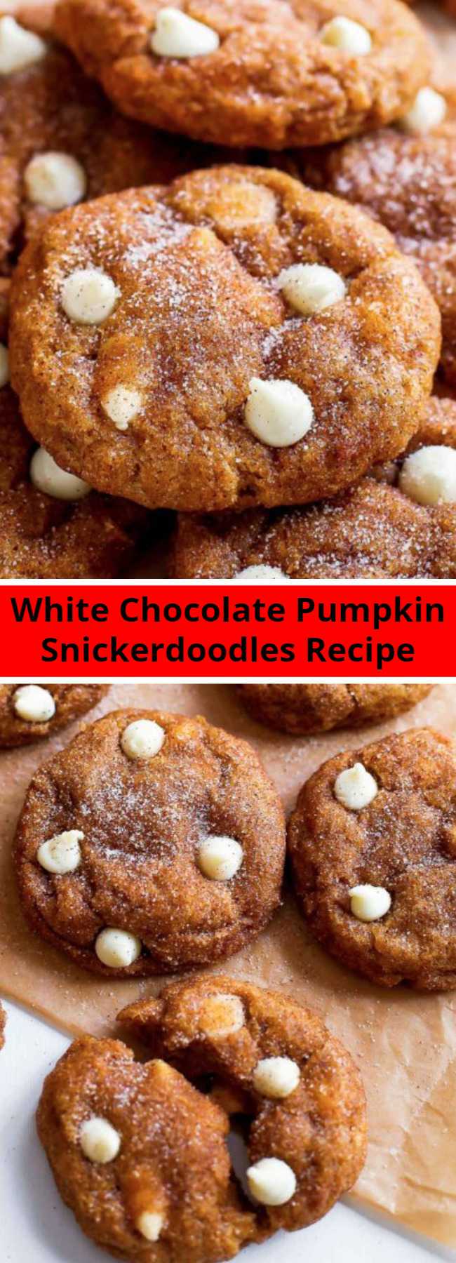 White Chocolate Pumpkin Snickerdoodles Recipe - These soft & chewy snickerdoodle cookies are full of pumpkin, white chocolate, and cinnamon sugar. Everything you love about snickerdoodle cookies and pumpkin pie in one. Warning: they disappear quickly, so make a double batch!