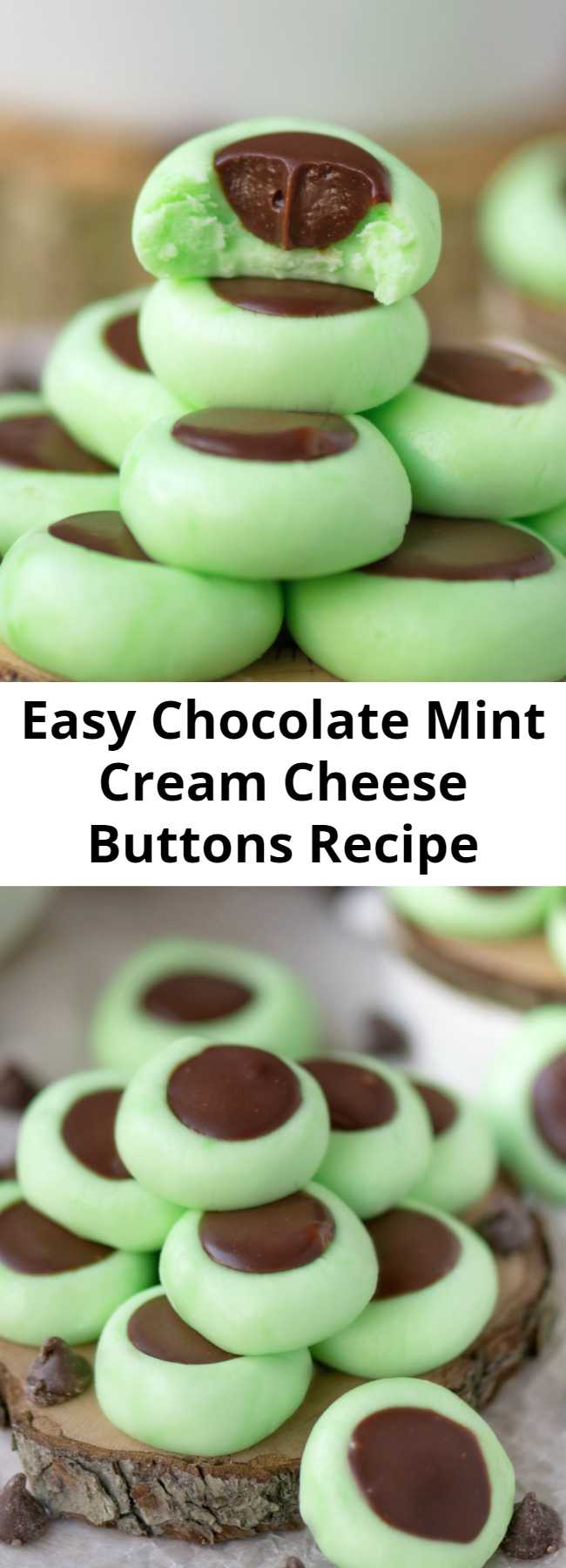 Easy Chocolate Mint Cream Cheese Buttons Recipe - These Chocolate Mint Cream Cheese Buttons are perfect for all occasions! Lovely mint flavored cream cheese mints filled with a decadent chocolate ganache. Guaranteed to be a hit with your chocolate and mint loving friends and family! #chocolate #mint #candy #dessert #recipe #Christmas #StPatricksDay