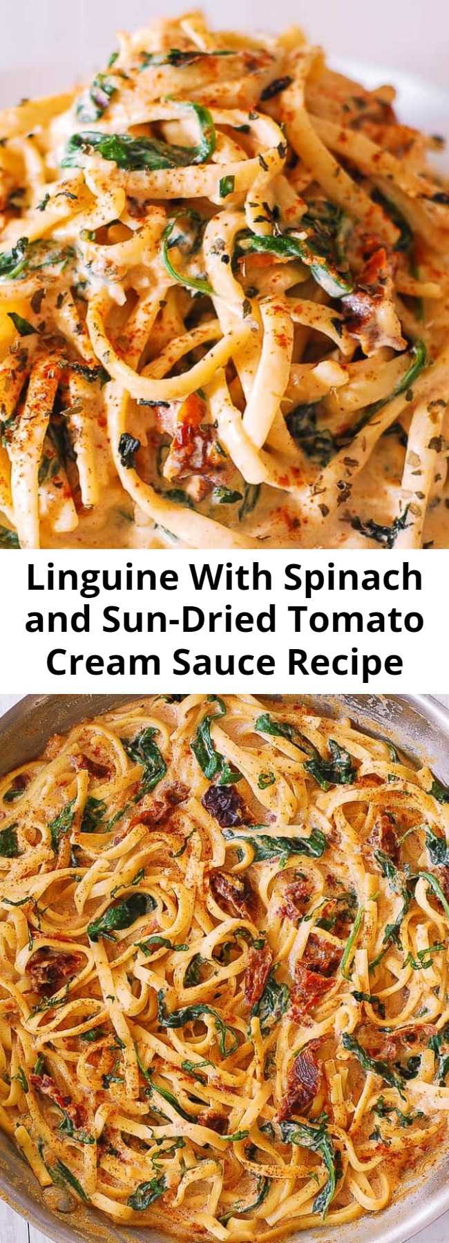 Linguine With Spinach and Sun-Dried Tomato Cream Sauce Recipe - Linguine with spinach and sun-dried tomato cream sauce takes only 30 minutes to make! This simple Italian pasta requires only ingredients! This creamy linguine is a perfect weeknight dinner! Linguine is generously coated in a comforting creamy sauce made with garlic and Parmesan cheese. #linguine #pasta #spinach #sundriedtomatoes #pastadinner #easypasta #weeknightdinner #easydinner #comfortfood #Italian #Italianpasta