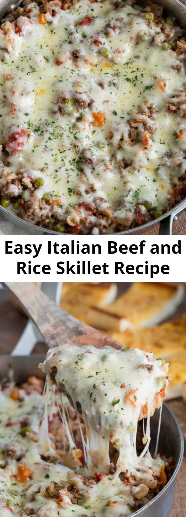 Easy Italian Beef and Rice Skillet Recipe - This hearty and cheesy Italian Beef and Rice Skillet is ready in less than 30 minutes for an easy weeknight dinner the whole family will love!