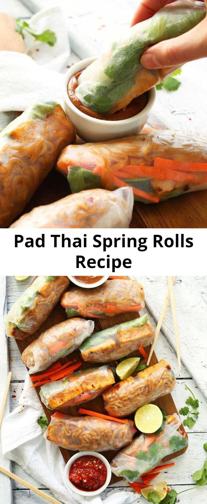 Pad Thai Spring Rolls Recipe - Amazing 10-ingredient pad Thai spring rolls with spicy-sweet noodles, crispy baked tofu, and fresh carrots and herbs! A healthier vegan, gluten free entree.