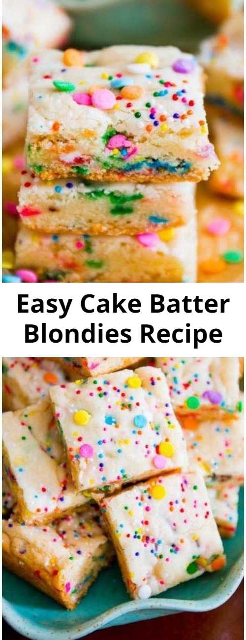 Easy Cake Batter Blondies Recipe - If you like the taste of cake batter, you will love these blondies! No mixer, 1 bowl, 30 minutes.