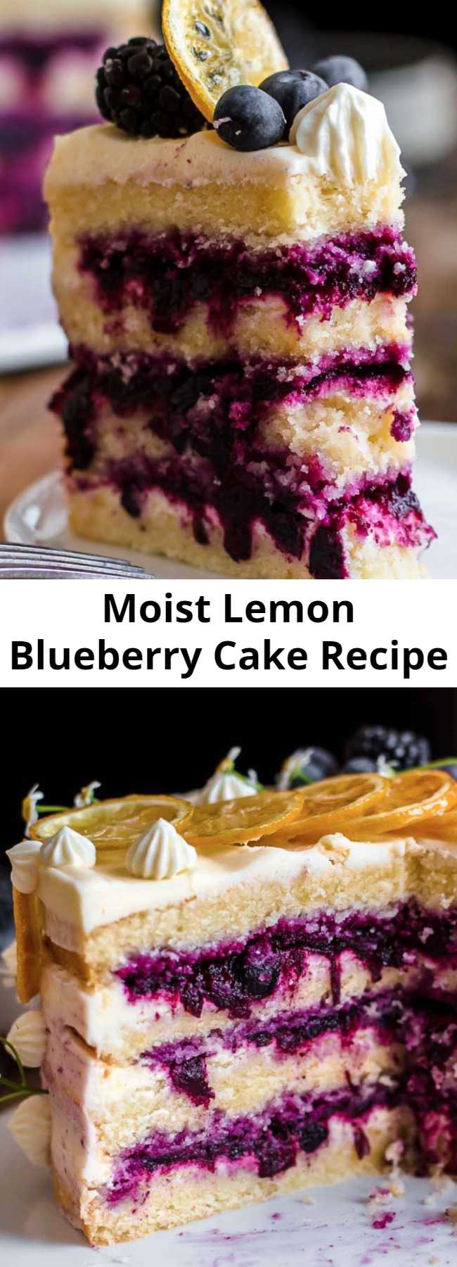 Super Moist Lemon Blueberry Cake Recipe - This Lemon Blueberry Cake is tangy, sweet, super moist, and creamy. It's a delicious and beautiful cake. It comes with soft lemon cake layers, a sweet blueberry filling, and an ultra creamy lemon cream cheese frosting. #lemon #blueberry #cake #creamcheesefrosting #baking #sweets #dessert