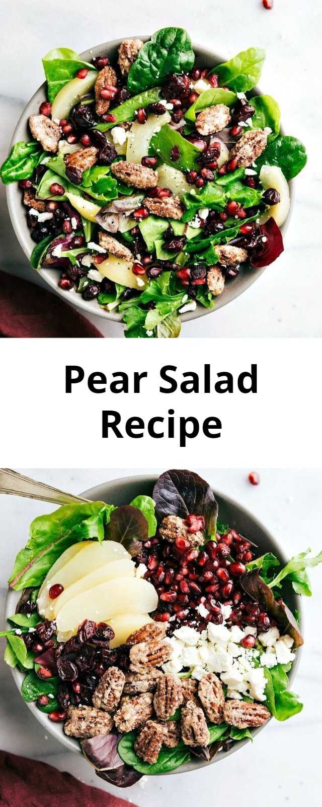 Pear Salad Recipe (Perfect Holiday Salad) - An easy to make and delicious pear salad — candied pecans, pears, pomegranates, dried cranberries, & feta cheese with a raspberry poppyseed dressing.