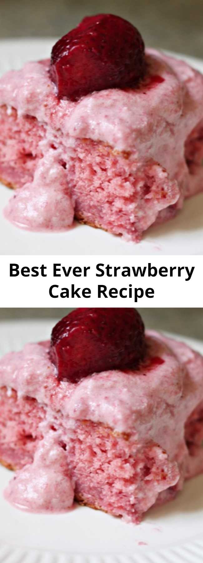 Best Ever Strawberry Cake Recipe - Easy strawberry sheet cake made with a box cake mix base, with added ingredients and a cream cheese strawberry icing.