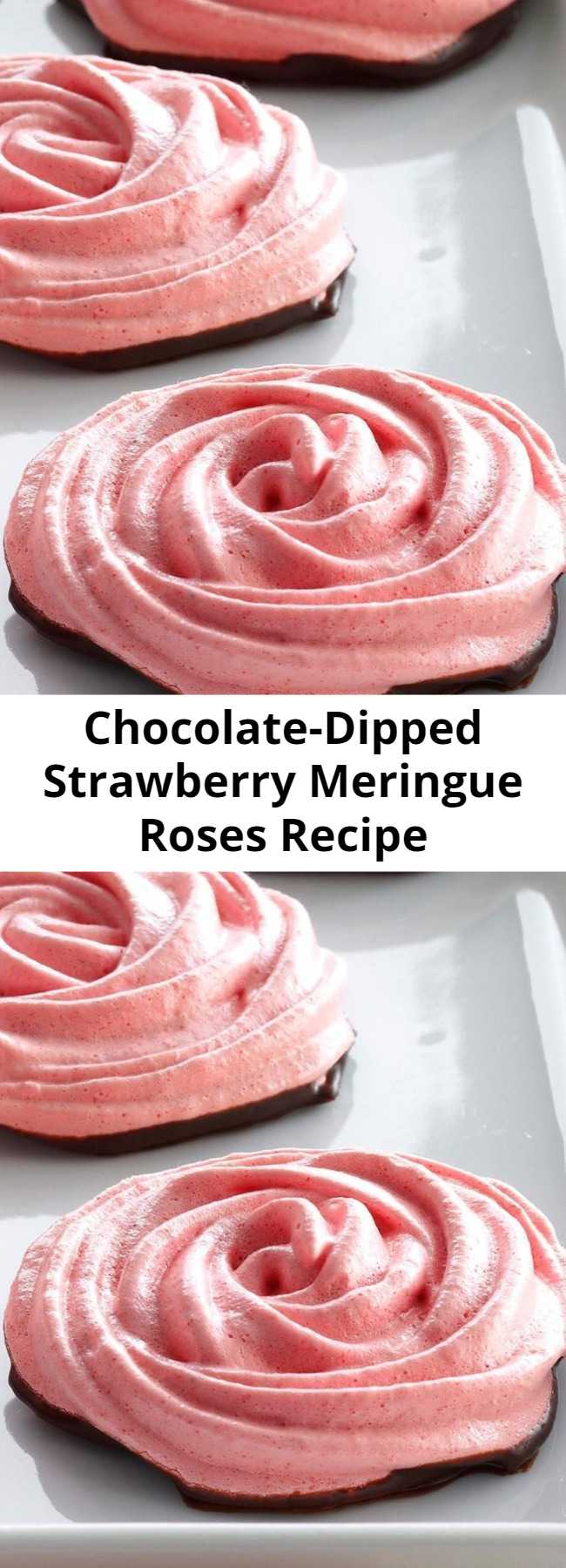 Chocolate-Dipped Strawberry Meringue Roses Recipe - Eat these pretty treats as is, or crush them into a bowl of strawberries and whipped cream. Readers of my blog, utry.it, went nuts when I posted that idea.