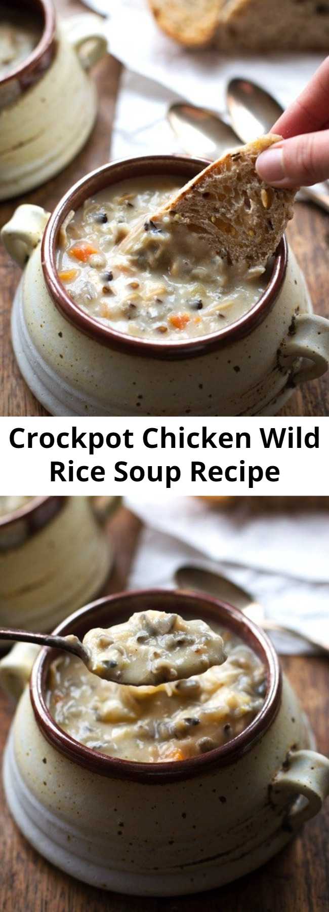 Easy Crockpot Chicken Wild Rice Soup Recipe - This Crockpot Chicken Wild Rice Soup is so darn simple to make and goes perfectly with a piece of crusty bread on a cold winter night. #soup #crockpot #slowcooker #chicken #easy #dinner