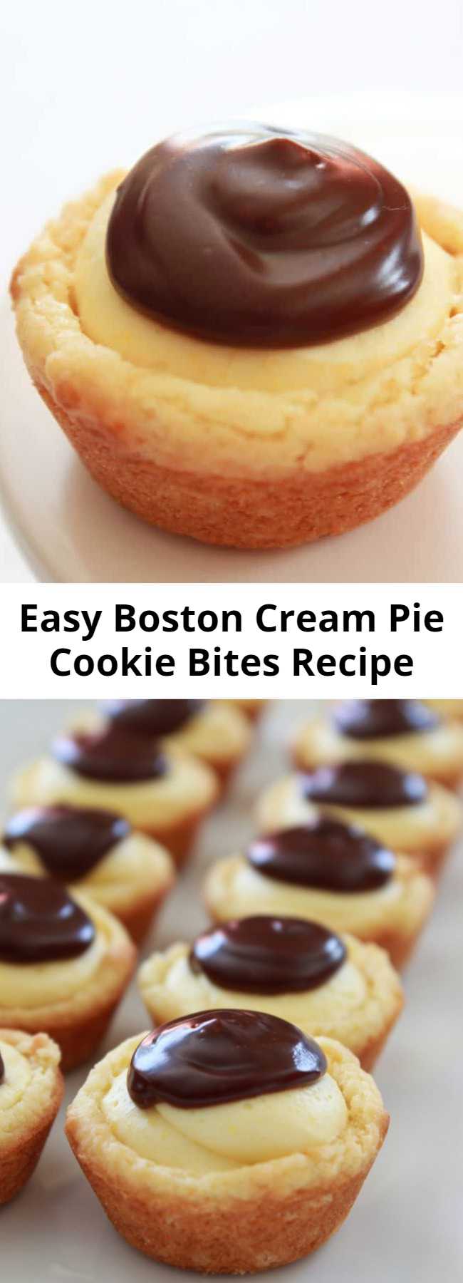 Easy Boston Cream Pie Cookie Bites Recipe - All of the awesome flavors you love from the traditional Boston Cream Pie are turned into a cookie cup.  They are quick to make, starting with a cake mix and taste delicious.  Everyone will go crazy for these little cuties.