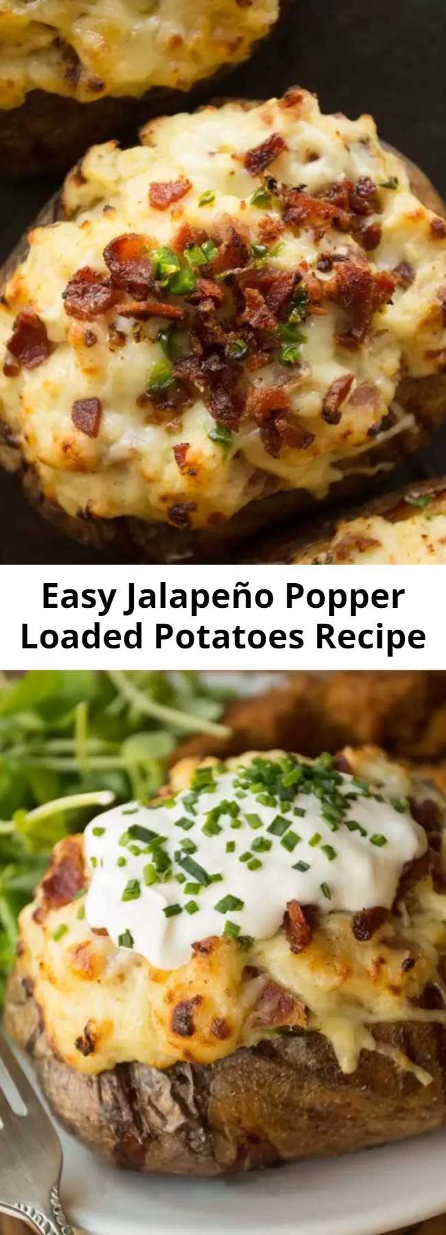 Easy Jalapeño Popper Loaded Potatoes Recipe - When two worlds collide - Twice Baked Potatoes loaded with a creamy dreamy Jalapeño Popper filling. Food comas have never been more delicious! #jalapeno #jalapenopopper #potato #bakedpotato #loadedpotato